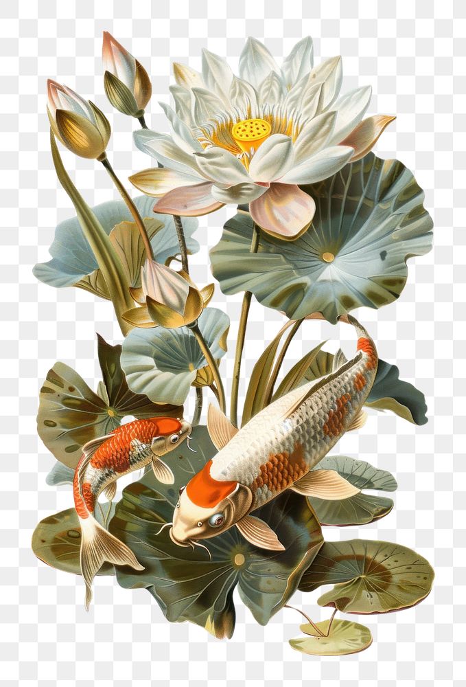 White lotus painting fish lily