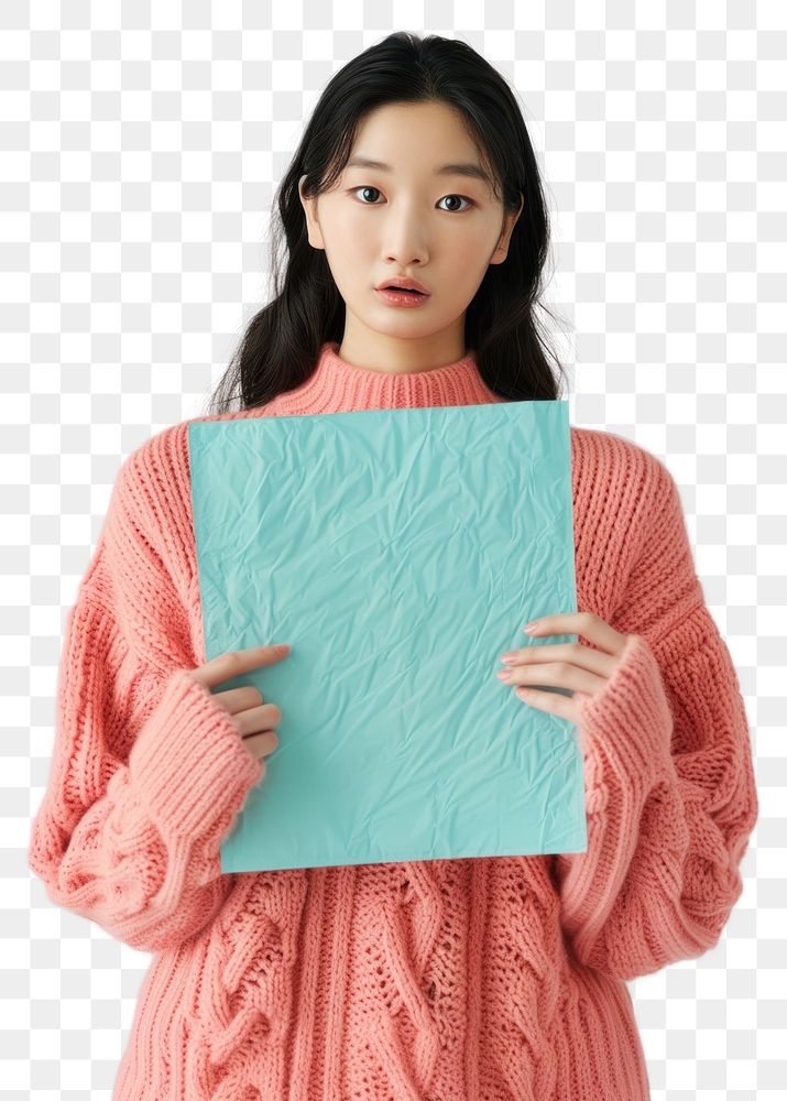 PNG  Holding a turquoise paper sheet sweater clothing knitwear.