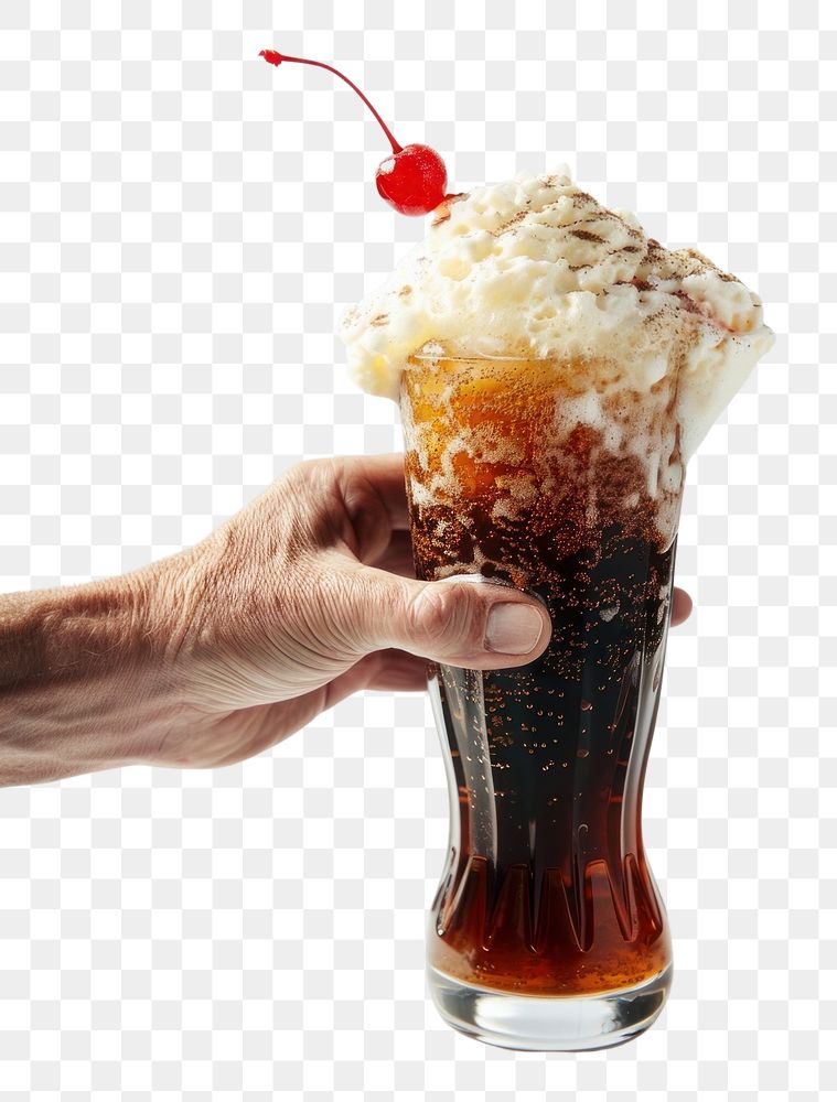 PNG Hand clasps a tall glass of frothy root beer beverage dessert sundae.