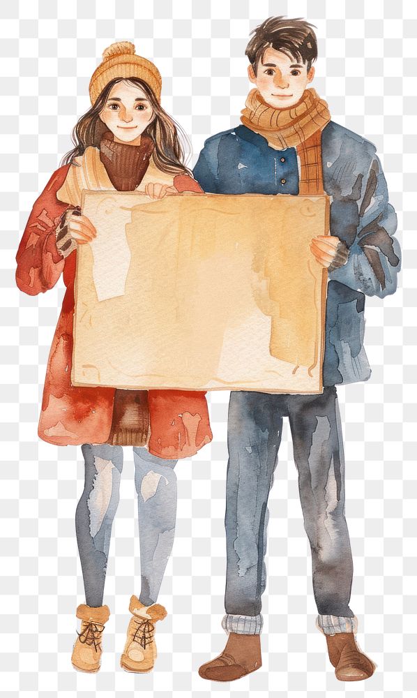 PNG  Couple holding blank notice board illustrated painting clothing.
