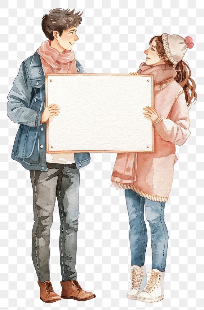 PNG  Couple in love holding blank notice board portrait photography illustrated.