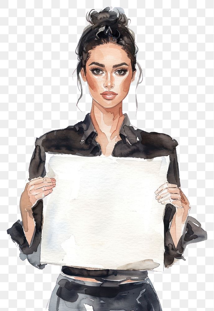 PNG  Fashion designer holding blank notice board portrait photography illustrated.