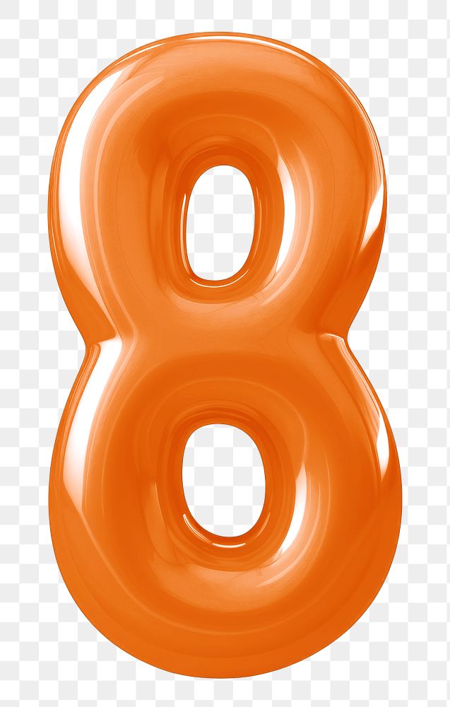 Number eight png orange  3D balloon, transparent background