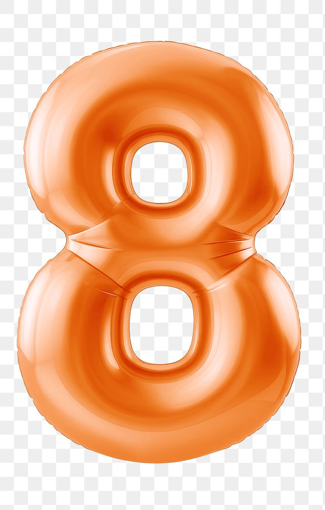 Number eight png orange  3D balloon, transparent background