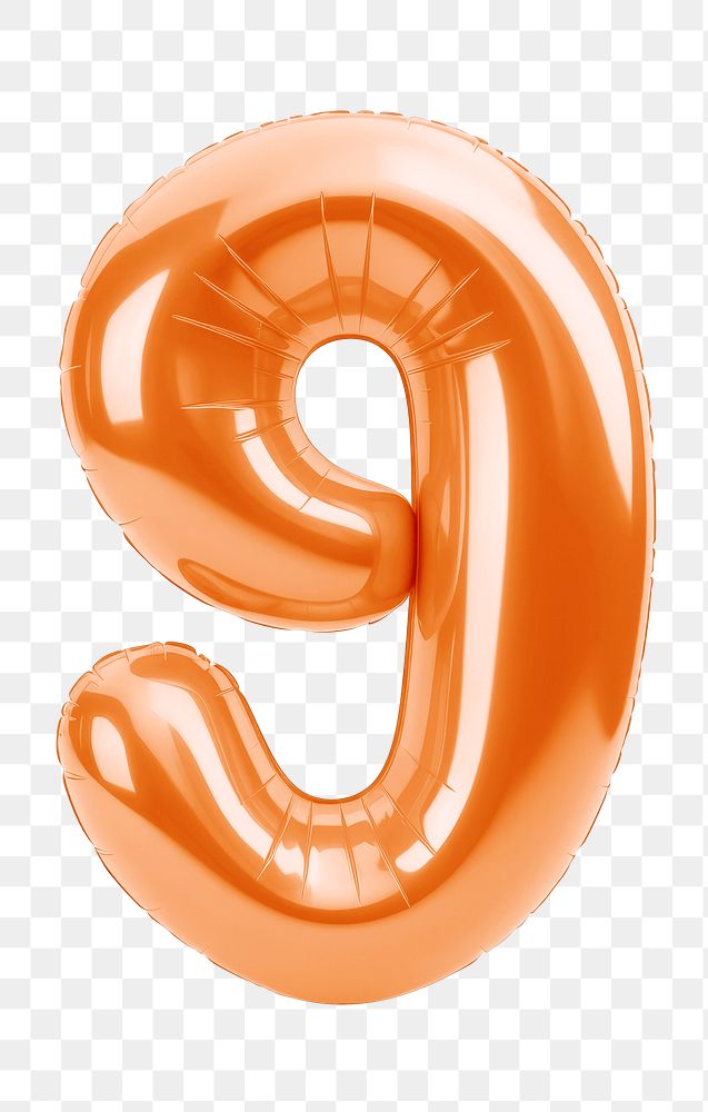 Number nine png orange  3D balloon, transparent background