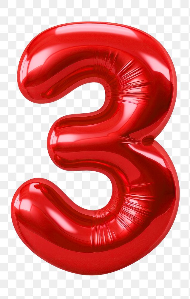 Number 3 png red  3D balloon, transparent background