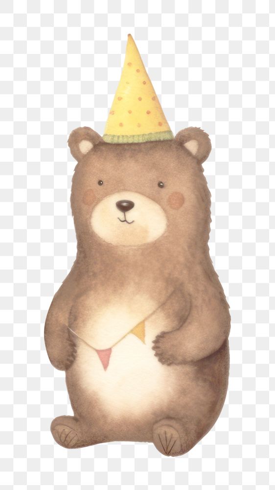 PNG bear wearing party hat, watercolor animal character, transparent background