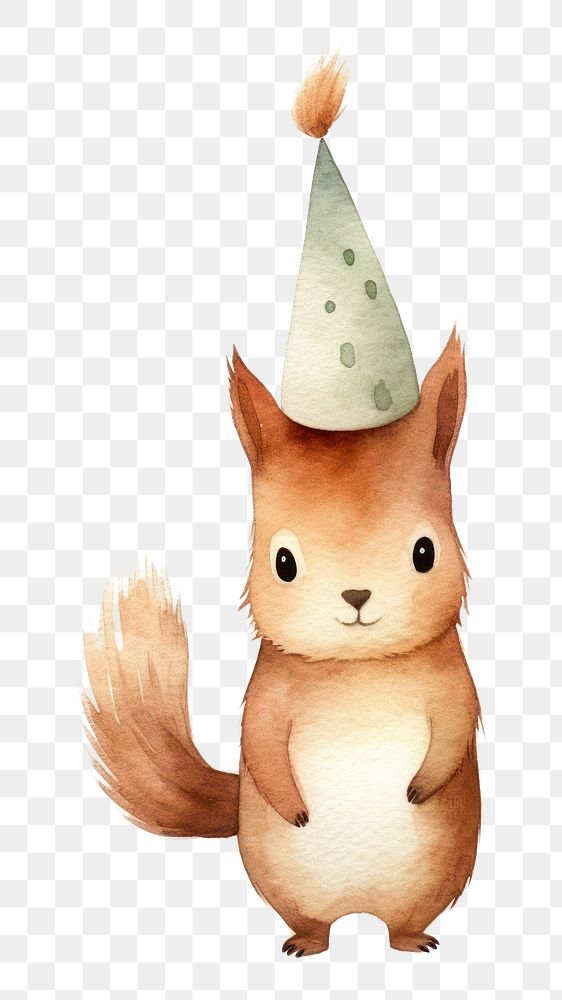 PNG squirrel wearing party hat, watercolor animal character, transparent background