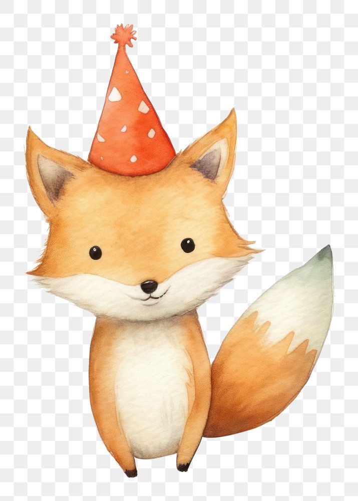 PNG fox wearing party hat, watercolor animal character, transparent background