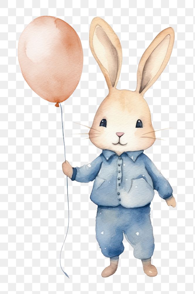 PNG rabbit with balloon, watercolor animal character, transparent background