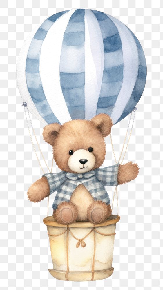 PNG bear on hot air balloon, watercolor animal character, transparent background