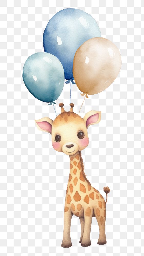 PNG giraffe with balloons, watercolor animal character, transparent background