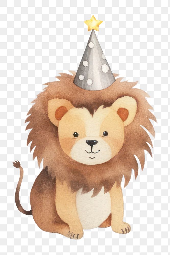 PNG lion wearing party hat, watercolor animal character, transparent background