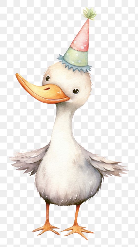 PNG duck wearing party hat, watercolor animal character, transparent background