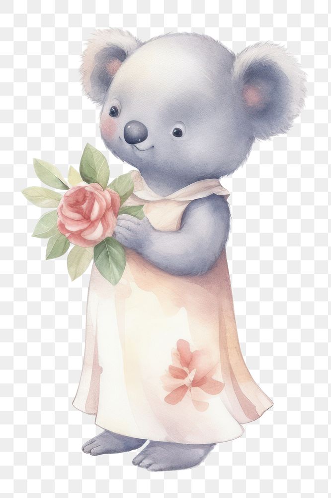 PNG koala with rose, watercolor animal character, transparent background