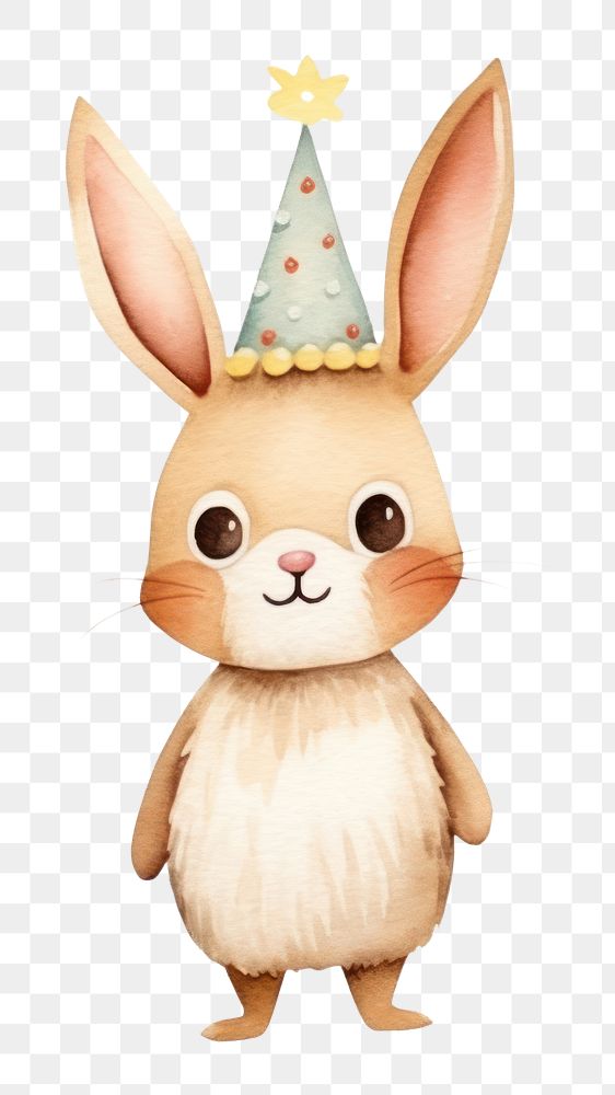 PNG rabbit wearing party hat, watercolor animal character, transparent background