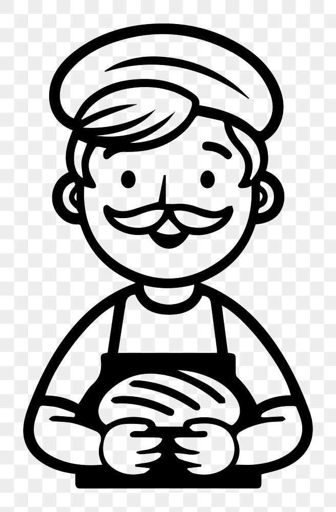 Male baker png character line art, transparent background
