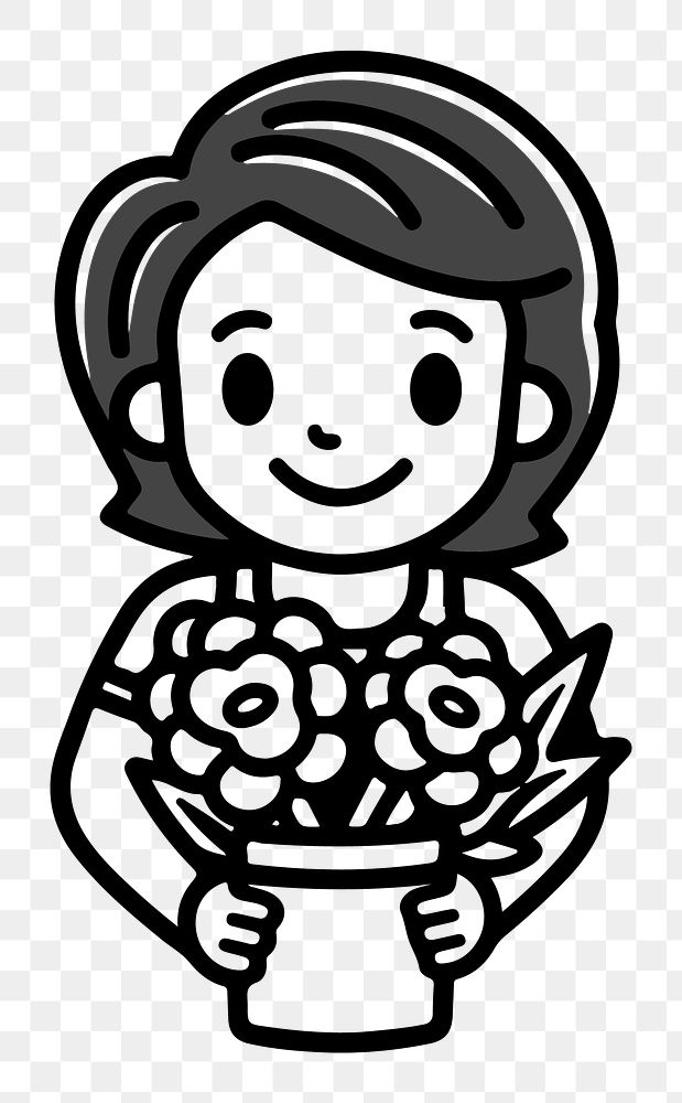 Female florist png character line art, transparent background