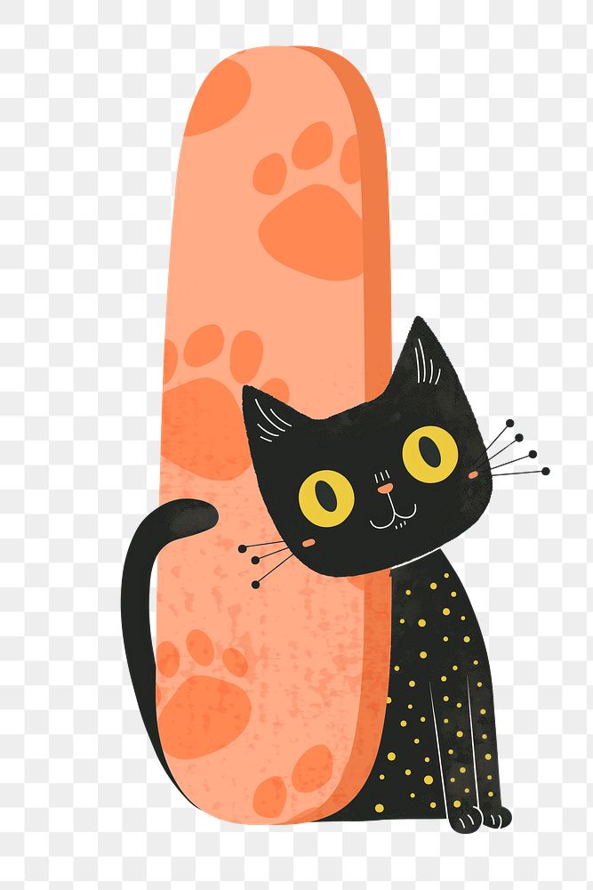 Letter I png in orange with cat character, transparent background