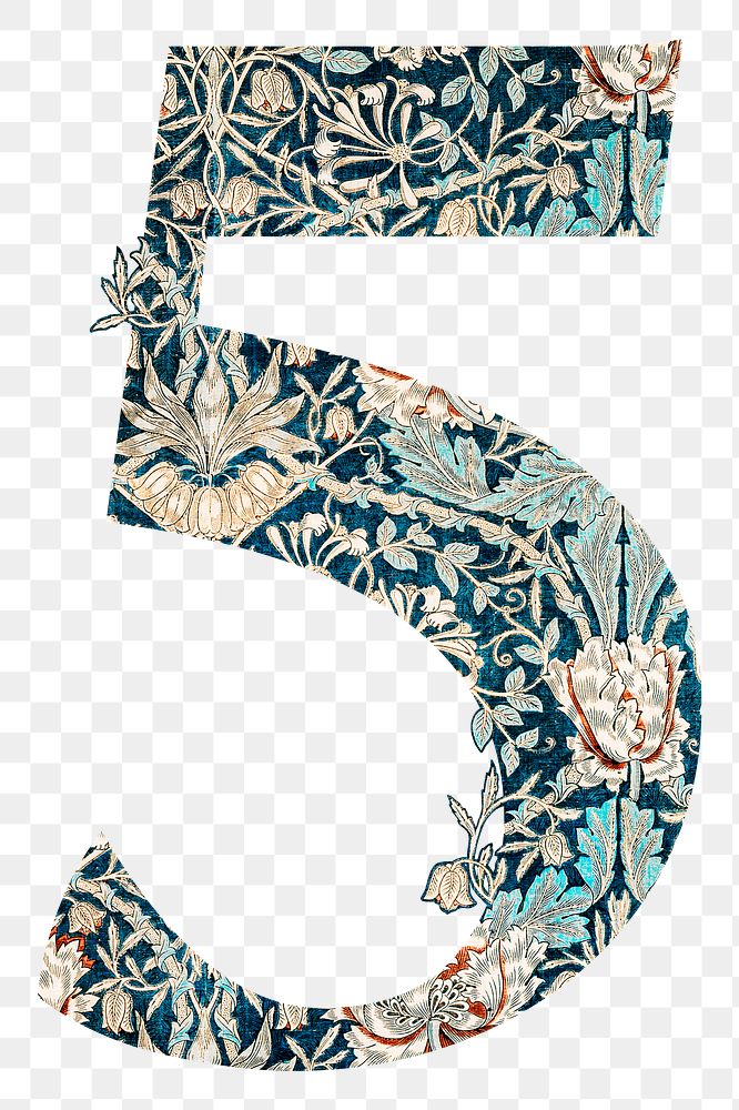 PNG Number 5 vintage font, botanical pattern inspired by William Morris, transparent background