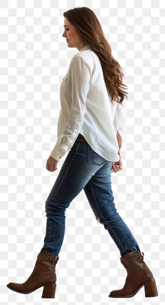 PNG Full body shot of a woman walking jeans boot clothing
