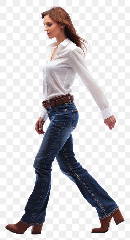 PNG Full body shot of a woman walking blouse jeans accessories