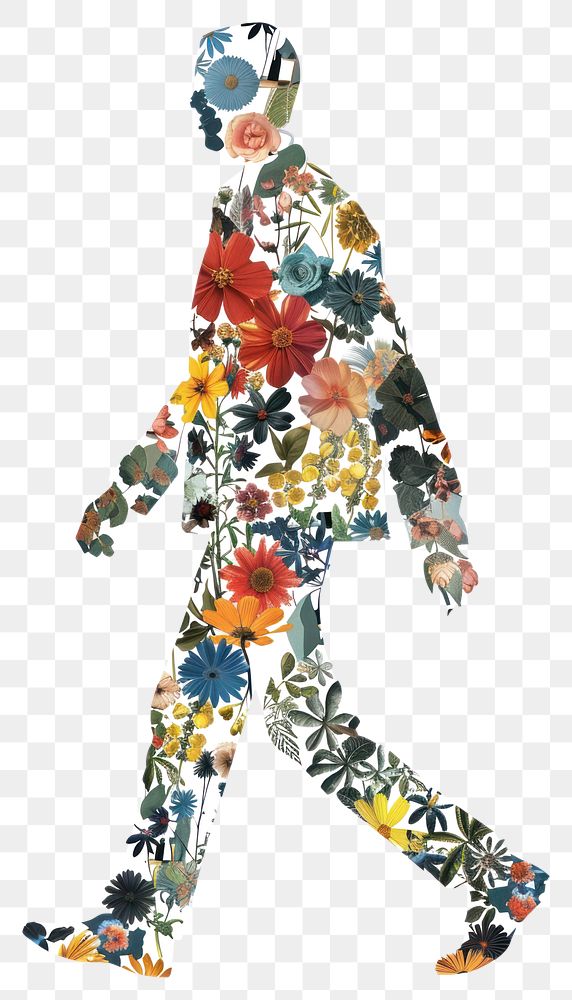 PNG Flower Collage man walking outdoors pattern art.