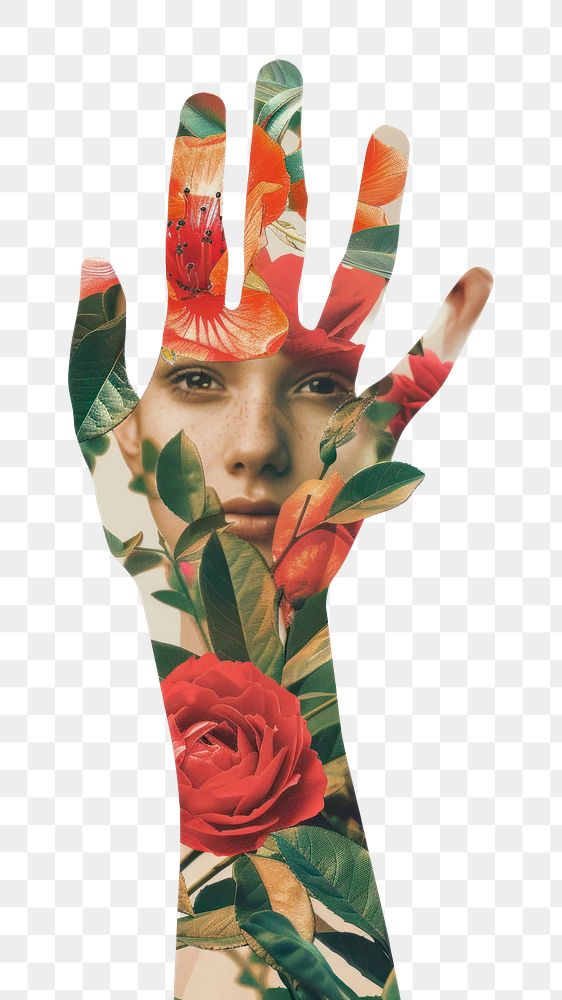 PNG Collage girl raising hand pattern finger flower.