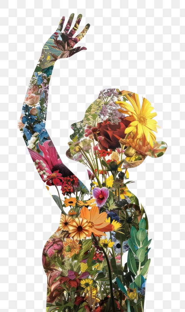 PNG Collage woman raising hand flower plant art.
