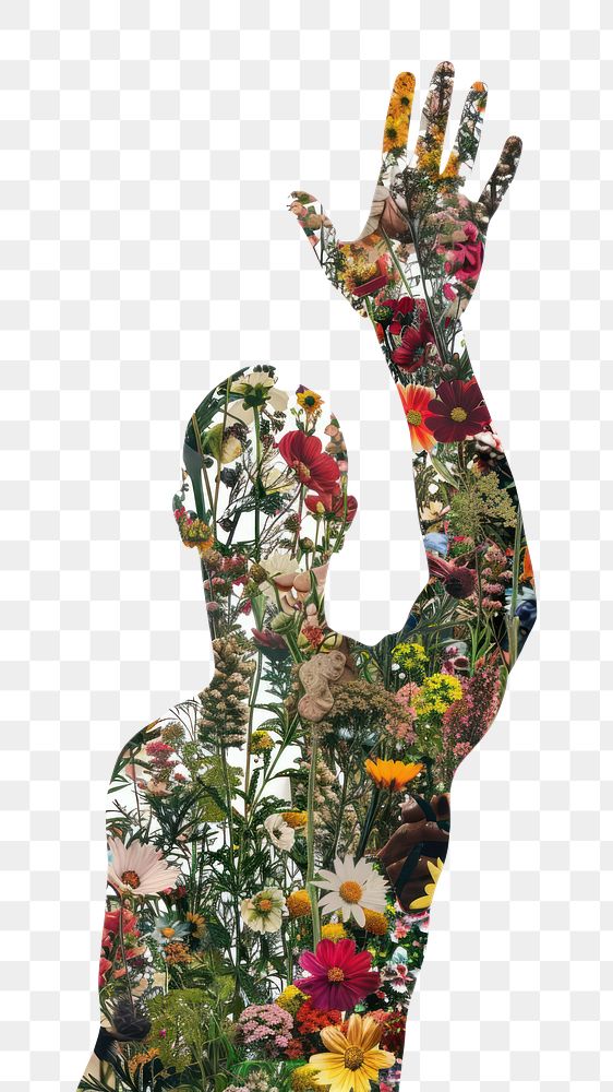 PNG Collage man raising hand pattern flower collage.