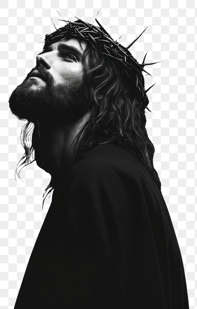 PNG A Jesus wearing crown of thorns photography portrait black.