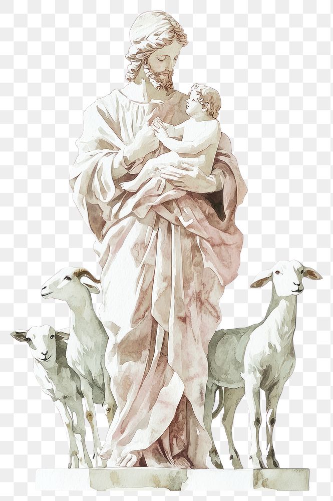 PNG A baby jesus with goats art illustration painting.