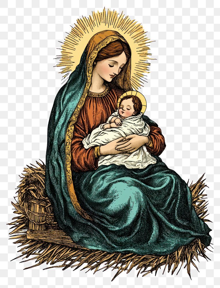 PNG Mary holding baby Jesus art illustration motherhood.