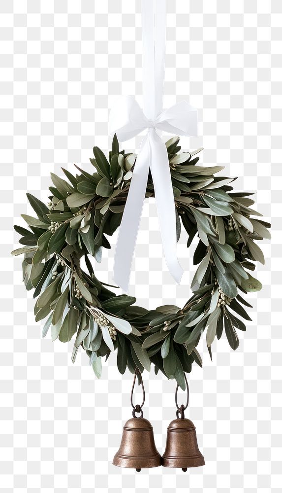 PNG Wreath made of olive leaves bells hanging ribbon.