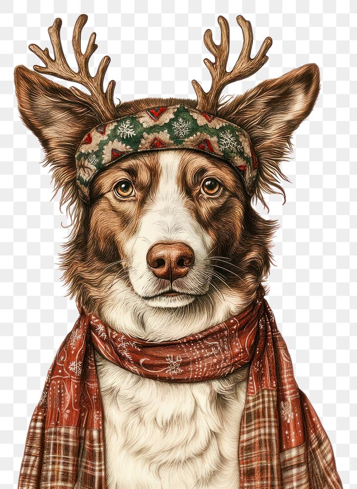 PNG A dog wearing reindeer head band illustration christmas scarf.