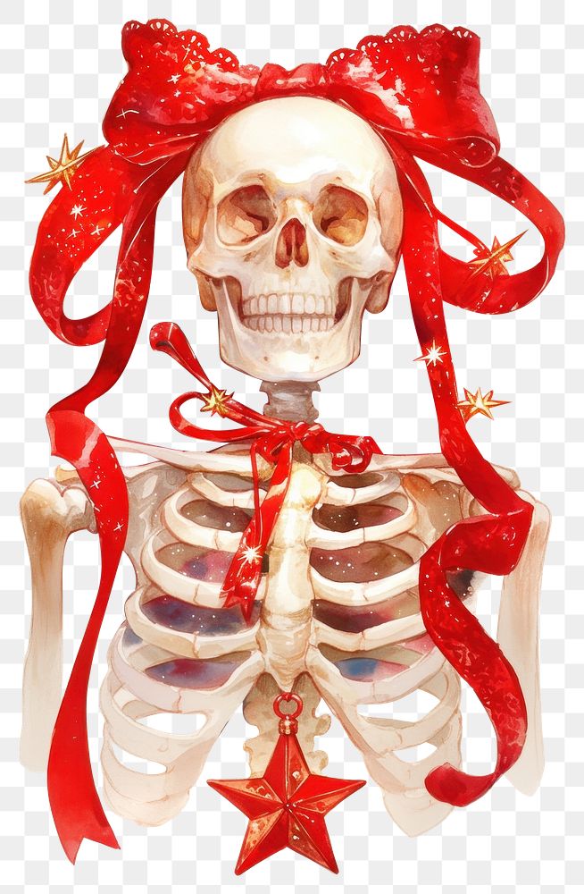 PNG Full body skeleton illustration watercolor ribbon.