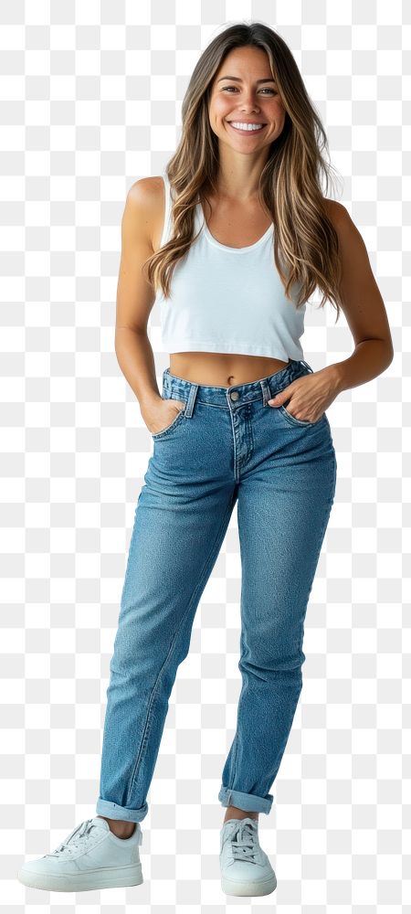 PNG Full-body woman smiling pants jeans.