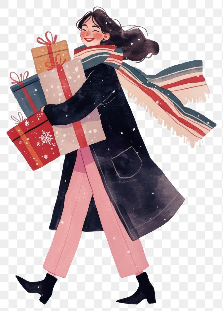 PNG A woman carrying Christmas gifts coat illustration clothing.