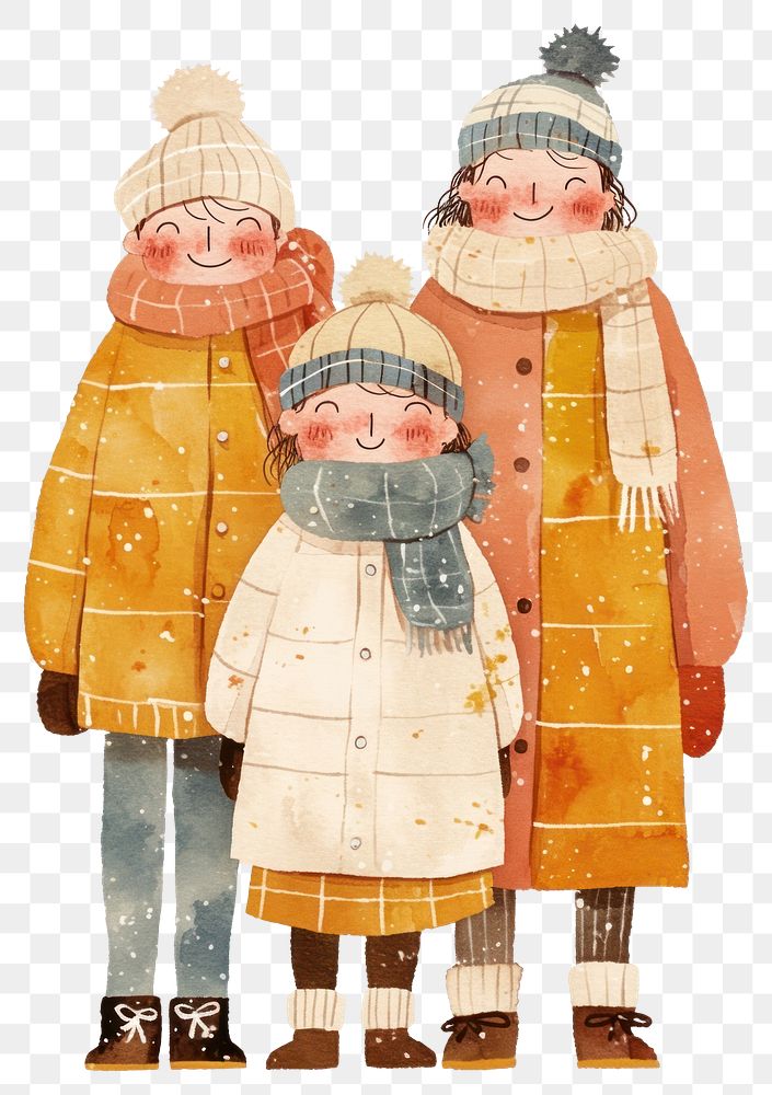 PNG Smile dad mom son daughter standing with winter clothes illustration watercolor clothing.