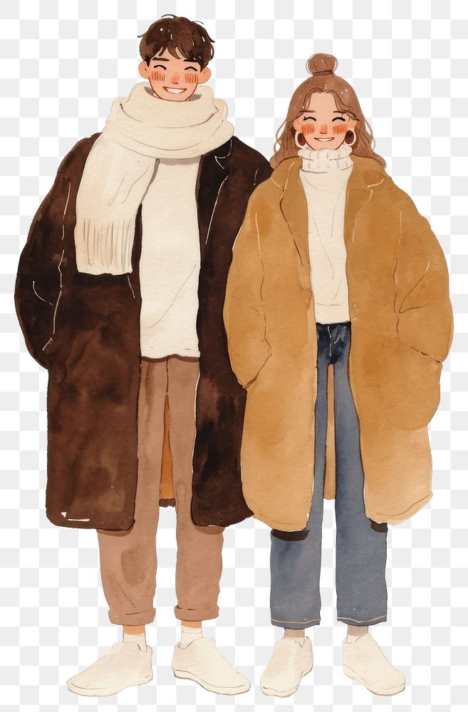 PNG Smile couple man woman standing with winter clothes clothing fashion coat.