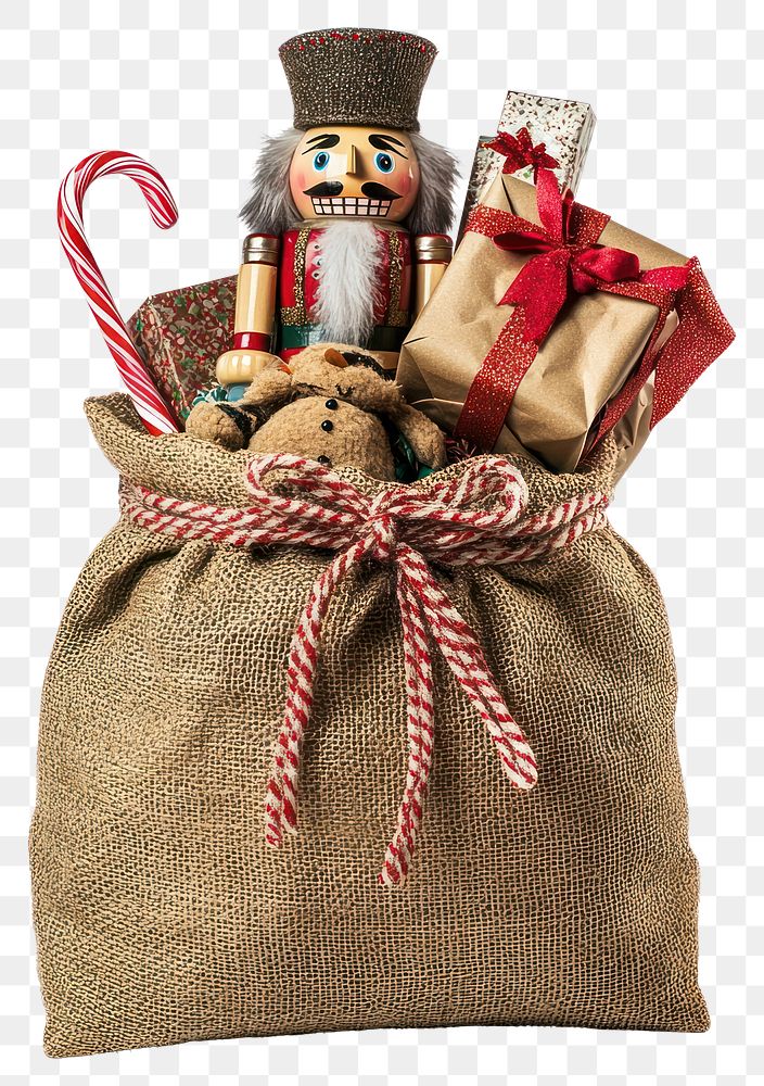 PNG Christmas sack filled with toys nutcracker christmas gifts.