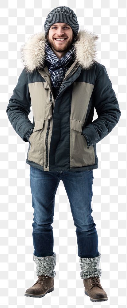 PNG Happy man in winter clothes clothing jacket hood.