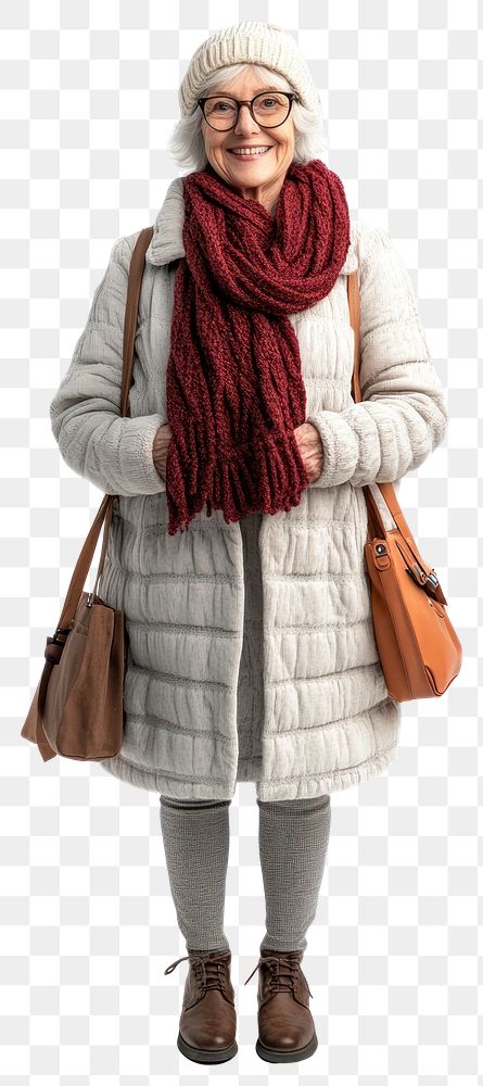 PNG Happy old woman in winter clothes background scarf white.