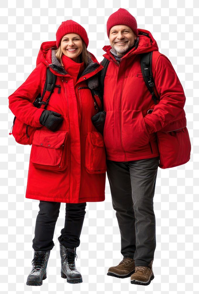 PNG Happy couple in red winter clothes clothing apparel jacket.