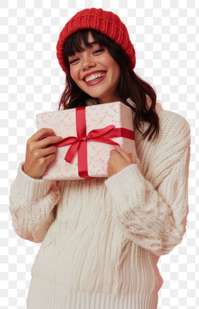 PNG A woman is hugging her Christmas present happy background expression.