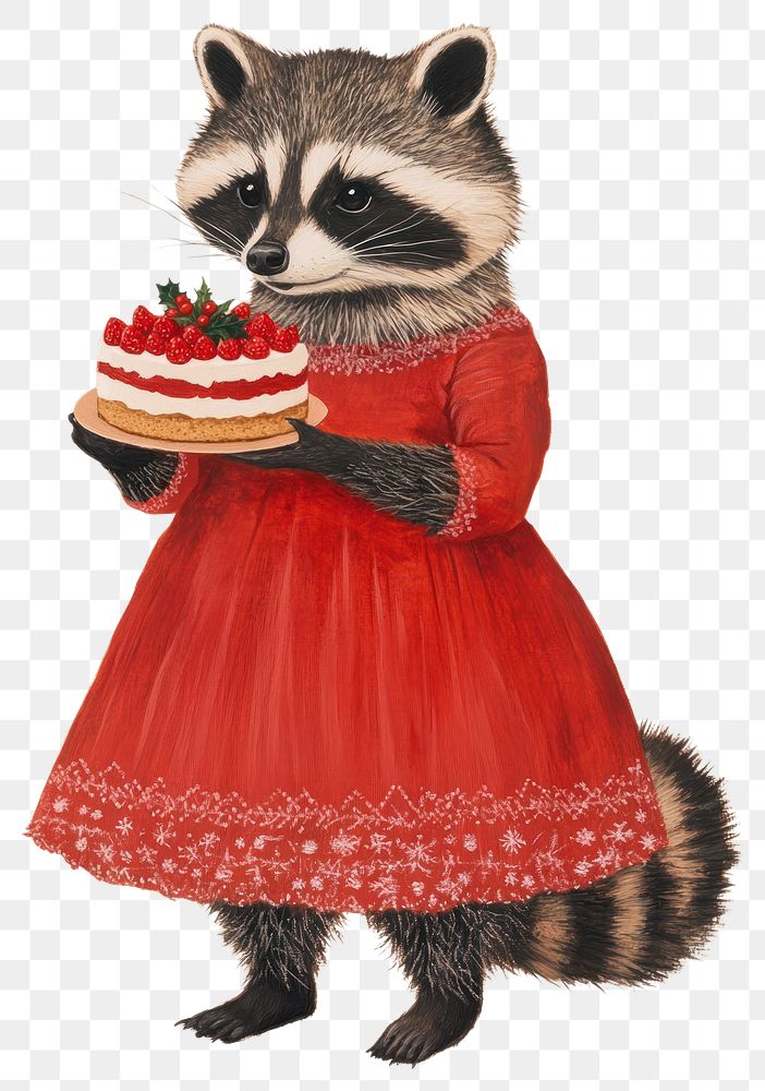 PNG Raccoon holding christmas cake animal dress red.