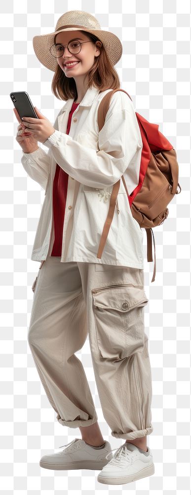 PNG Happy tourist woman looking on phone backpack photo hat.