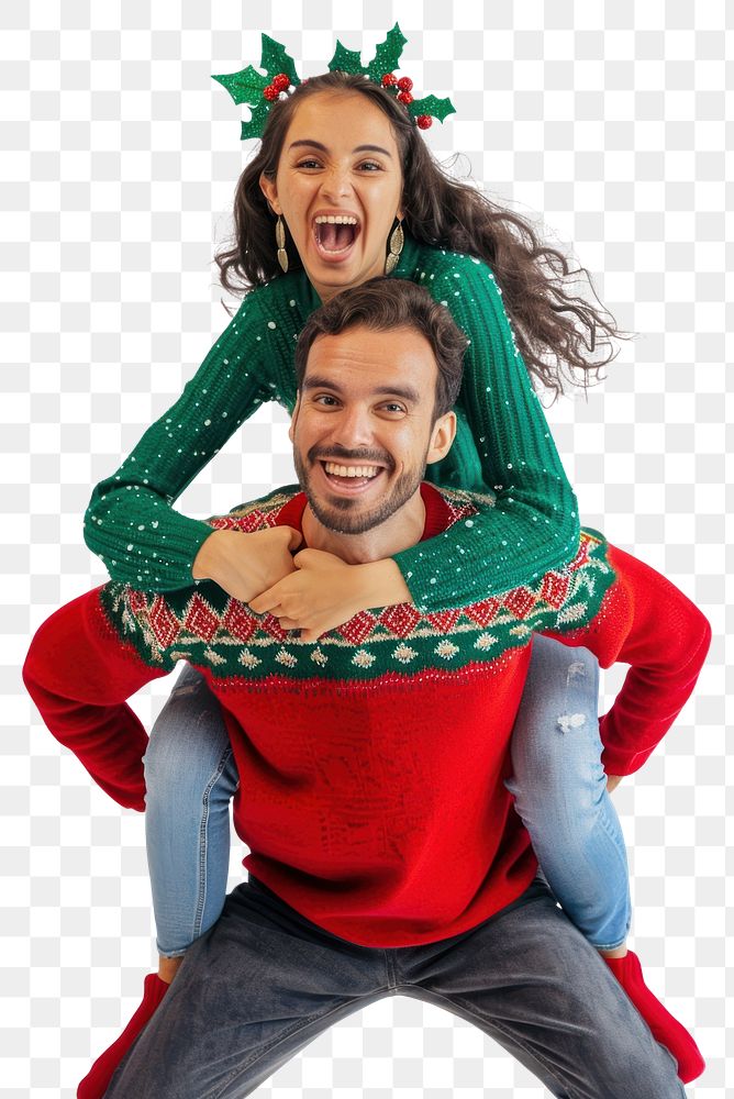 PNG Christmas funny couple pose happy expression sweater.