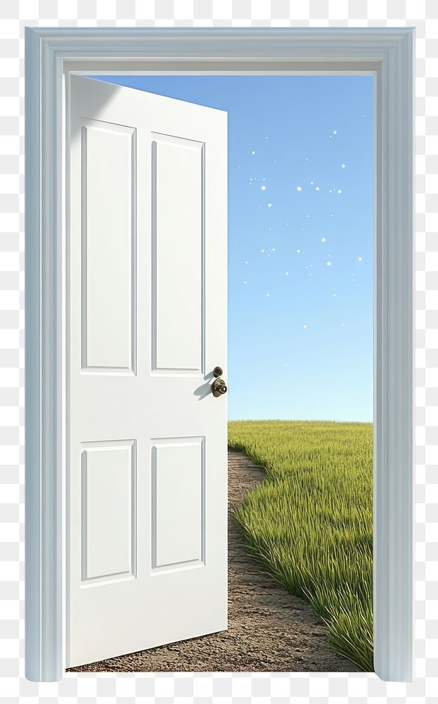 PNG White opened door bright green field.