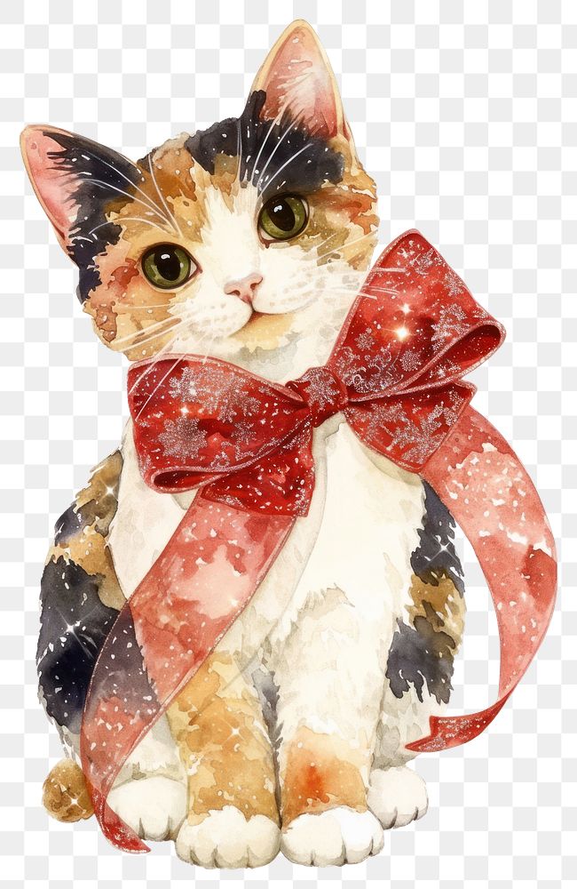 PNG Calico American Shorthair Shorthair cat illustration watercolor christmas.